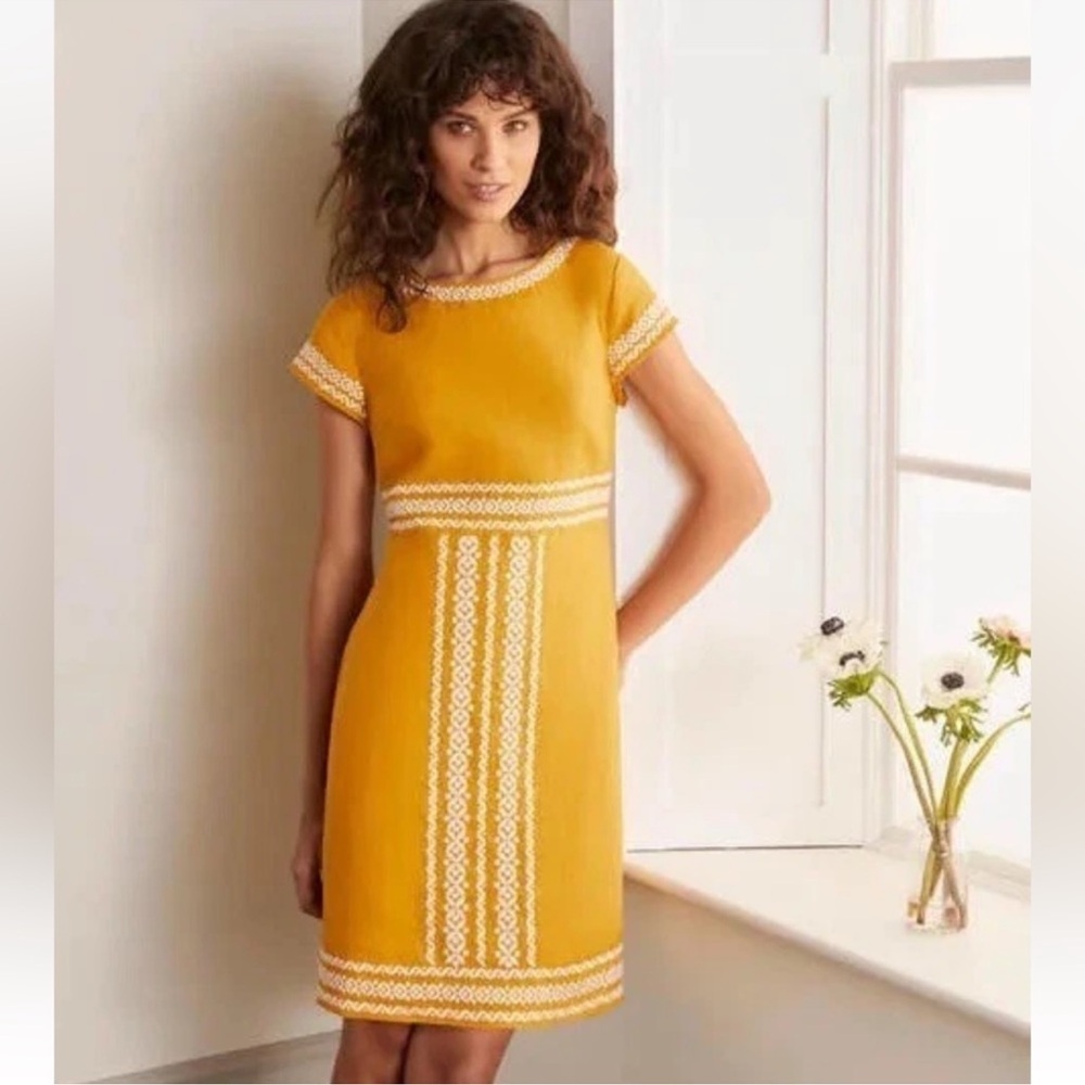Boden Mustard Yellow Laura Shift Dress with White Trim